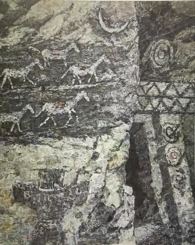 タイトル「装飾古墳2」の宮崎の油絵作品画像　日展作品　F100サイズ