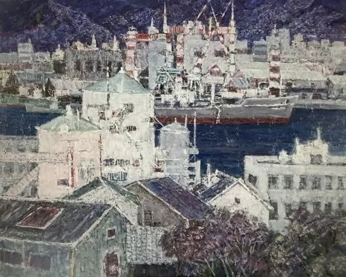 タイトル「港」の宮崎の油絵作品画像 1994年東光展作品 F100サイズ