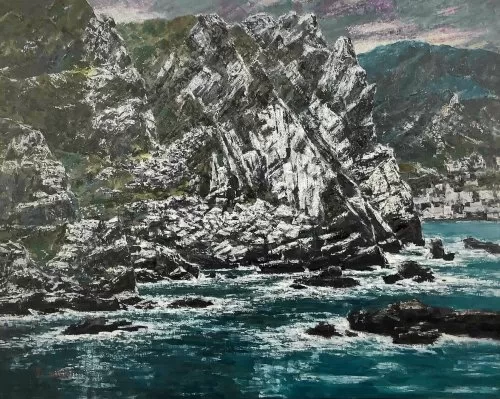 タイトル「荒磯」の宮崎の油絵画像 2009年75回記念東光展作品 F100サイズ