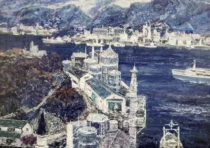 タイトルが「海峡」で、天草の海峡(漁船)を描いた宮崎の油絵画像