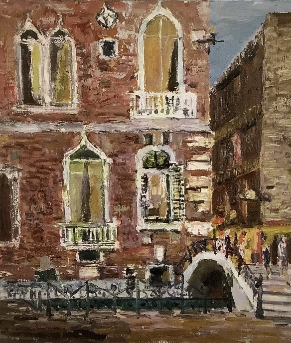 タイトル「ベニスの街角」の宮崎の油絵画像　1975年ヨーロッパ研修の作品　F10サイズ