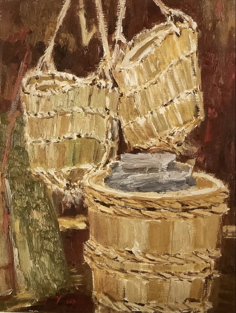 タイトル「農具小屋で」の宮崎の油絵画像　F6サイズ