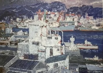 タイトル「造船所遠望」の宮崎の油絵画像